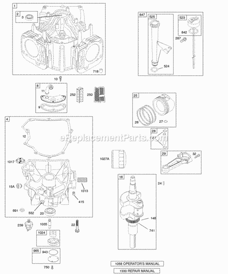Crankshaft Cylinder Engine Sump Diagram and Parts List for 446877-0025-E1  Briggs and Stratton Engine
